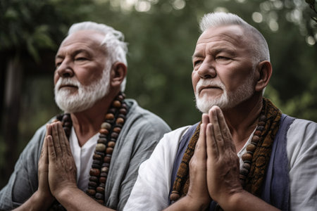 shot of two senior men meditating together outdoorsの素材