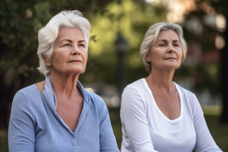 portrait of two senior women meditating outsideの素材