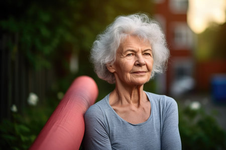 portrait of a mature woman standing outside with her yoga matの素材