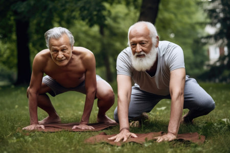 shot of two senior men doing yoga together outsideの素材