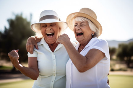 shot of two senior women celebrating on the golf courseの素材
