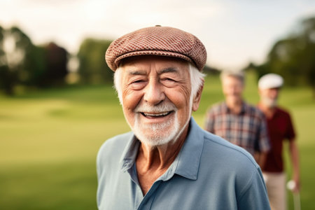 portrait of a senior man on the golf course with his friends in the distanceの素材