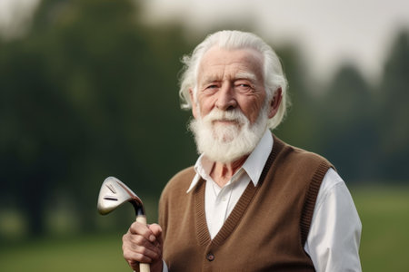 portrait of a senior man holding his golf club on the greenの素材