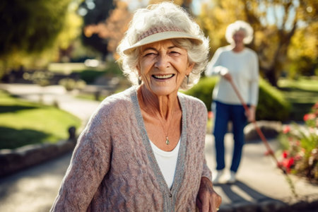 portrait of a happy senior woman playing miniature golf on a sunny day with friendsの素材