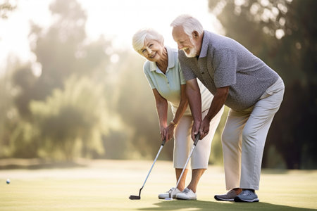 shot of a senior couple putting on the golf courseの素材