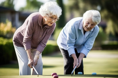 shot of two senior women playing a game of putt-putt on a golf courseの素材
