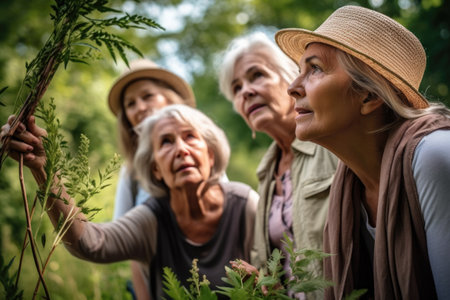 shot of a senior woman looking at plants with her friends in natureの素材
