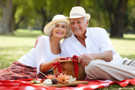 portrait of a senior couple having a picnic in the parkの素材