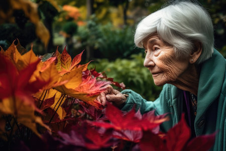 shot of a senior woman observing the colour on some leaves in a botanical gardenの素材