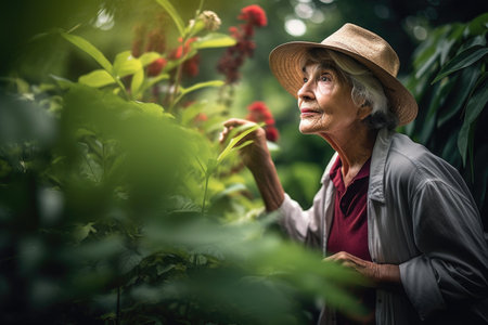 shot of a senior woman looking at plants while on a walking tour through the botanical gardenの素材
