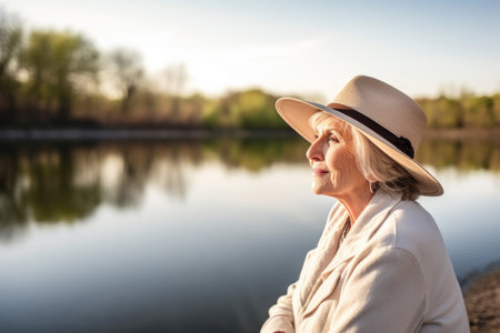 shot of a senior woman at lake phalen, outside in natureの素材