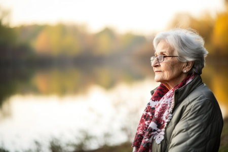 shot of a senior woman at lake phalen, outside in natureの素材