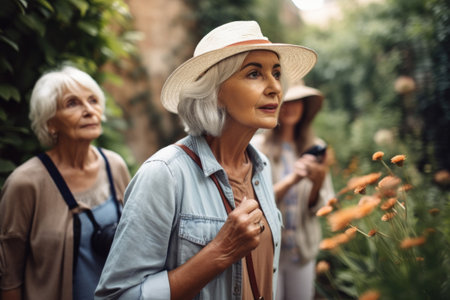 shot of a mature woman leading an educational tour through a garden with her friendsの素材