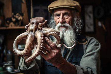 shot of a mature man holding an octopus sculptureの素材