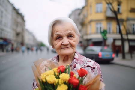 portrait of an elderly woman holding a bouquet of flowers while on a tourの素材
