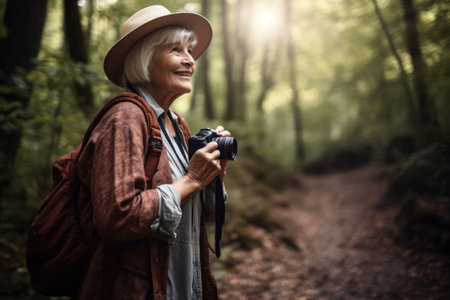 shot of a senior woman taking pictures while walking through the forestの素材
