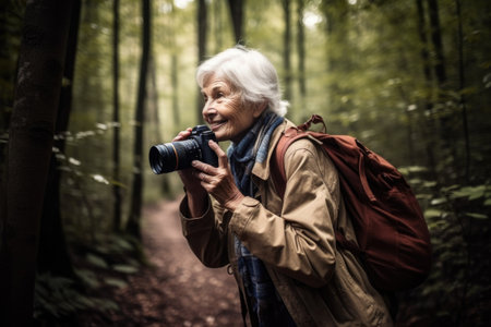 shot of a senior woman taking pictures while walking through the forestの素材