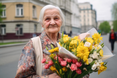 portrait of an elderly woman holding a bouquet of flowers while on a tourの素材