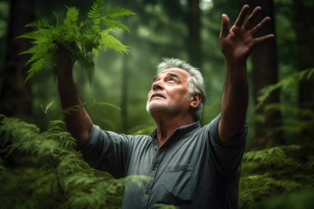 shot of a mature man holding up plants in the forestの素材