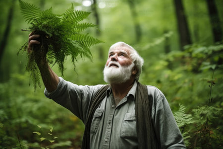 shot of a mature man holding up plants in the forestの素材