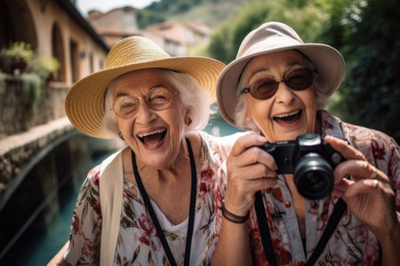 shot of two senior women having fun while out on a day tripの素材