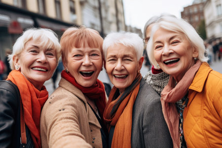 portrait of a group of senior friends taking selfies together on a day out in the cityの素材