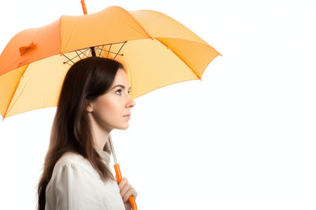 closeup of a woman holding an umbrella isolated on whiteの素材