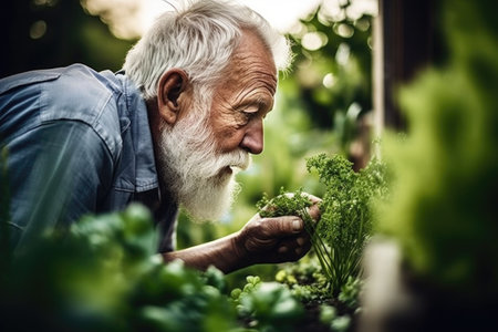 shot of a senior man looking at plants in the gardenの素材