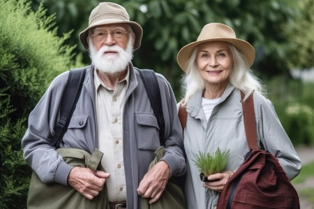 portrait of a senior man and woman holding their belongings while visiting the gardens togetherの素材