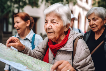 portrait of a tour guide showing her seniors where they are on the mapの素材