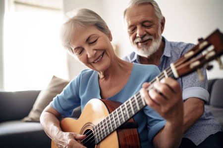 shot of a senior man playing the guitar with his wife at homeの素材