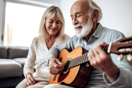shot of a senior man playing the guitar with his wife at homeの素材