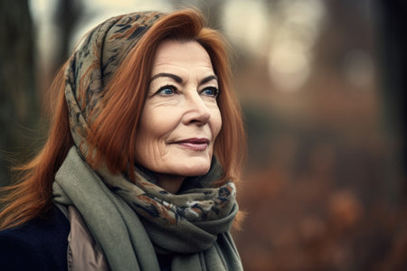 portrait of a beautiful mature woman enjoying the outdoorsの素材