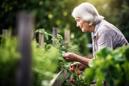 shot of a senior woman looking at plants in the gardenの素材