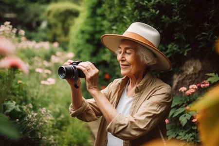 shot of a senior woman using her cellphone to take pictures in a botanical gardenの素材