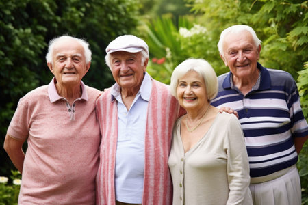 portrait of a group of senior friends posing together in a gardenの素材