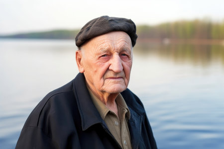 portrait of an elderly man posing by the waterの素材