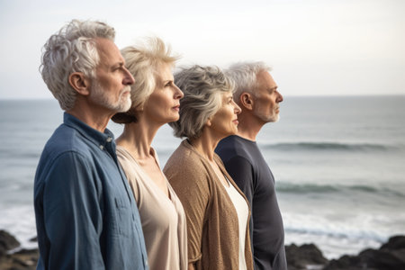 portrait of a group of mature friends standing together and looking out over the seaの素材