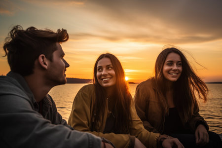 portrait of a group of friends having fun watching the sunset togetherの素材
