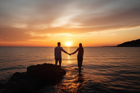 shot of two people holding hands while standing by the sea at sunsetの素材