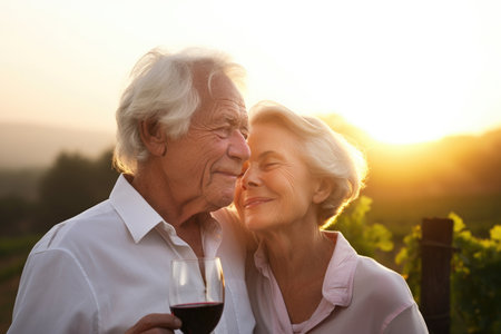 portrait of an affectionate senior couple enjoying the wine and sunset at a vineyardの素材