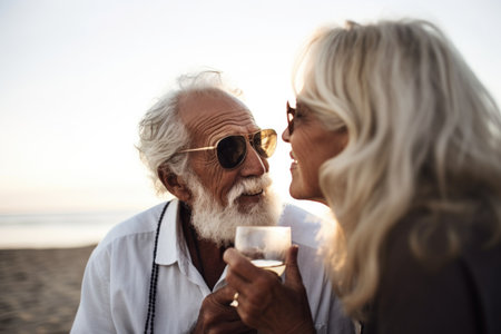 shot of an older man and woman having drinks together at the beachの素材