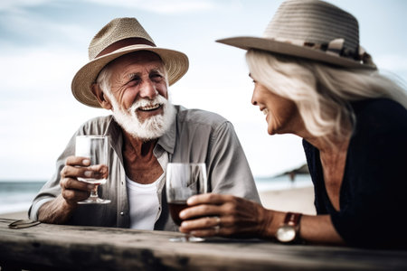 shot of an older man and woman having drinks together at the beachの素材