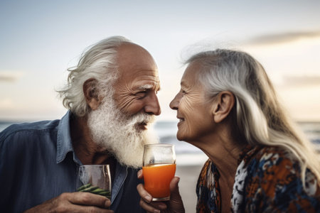 shot of an older man and woman having drinks together at the beachの素材