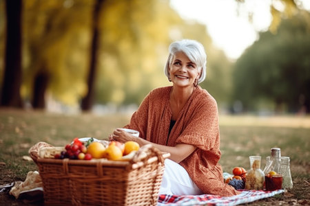 shot of an attractive senior woman having a picnic outdoorsの素材