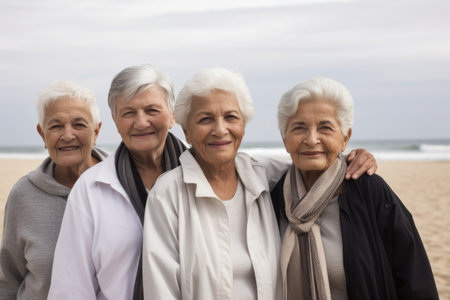portrait of a group of seniors posing together at the beachの素材