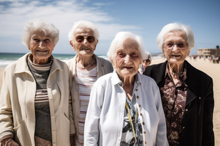 portrait of a group of seniors posing together at the beachの素材