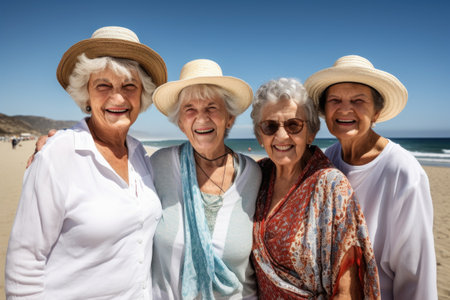 portrait of a group of seniors posing together at the beachの素材