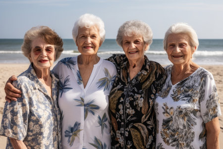 portrait of a group of seniors posing together at the beachの素材