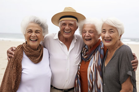 portrait of a group of senior friends hanging out at the beach togetherの素材